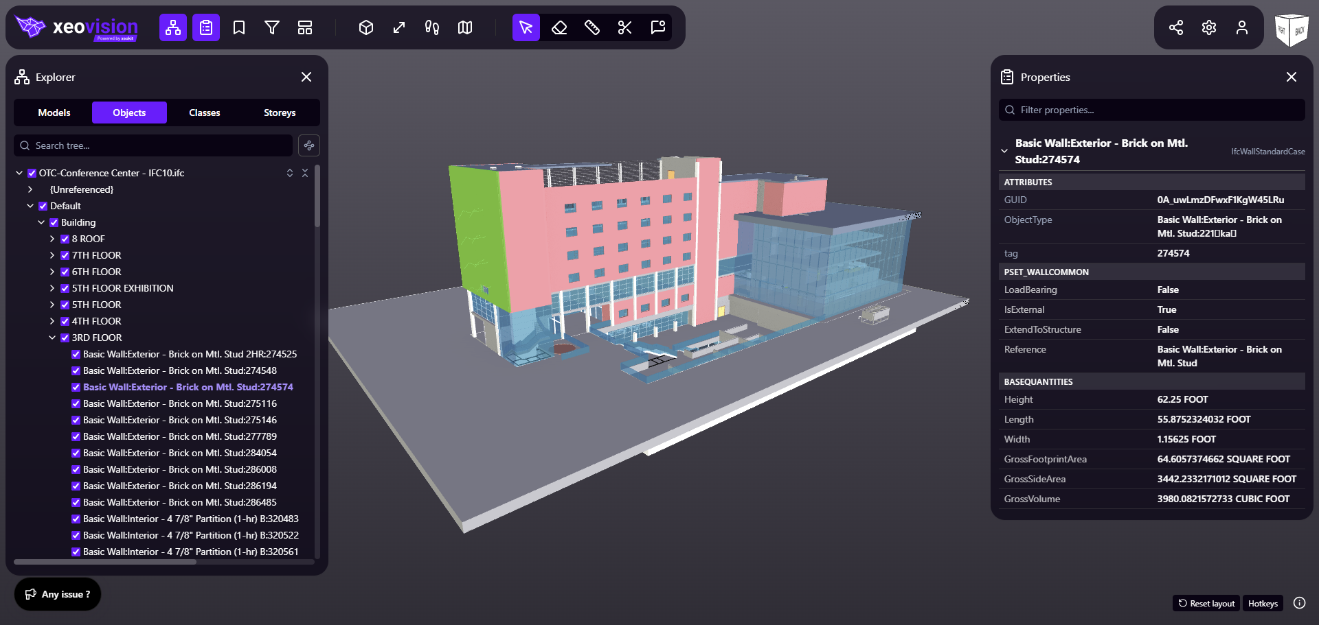 The xeoVision Explorer panel showing a building's storeys and walls, beside a Properties panel listing a selected wall's GUID, object type, property set values and base quantities.