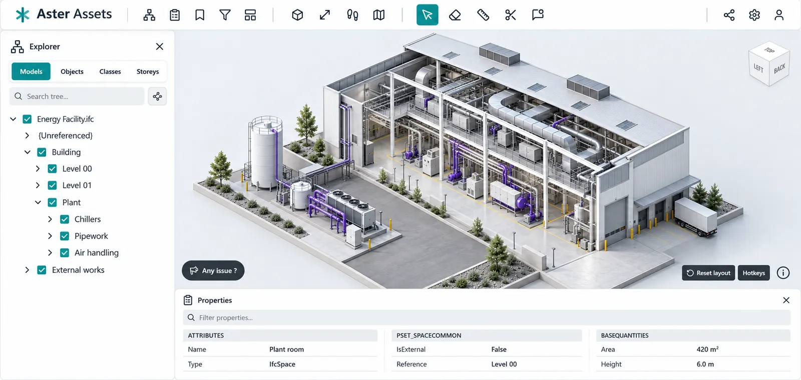 Illustrative Aster Assets workspace with a light interface, side Explorer and model properties below an energy-facility model.