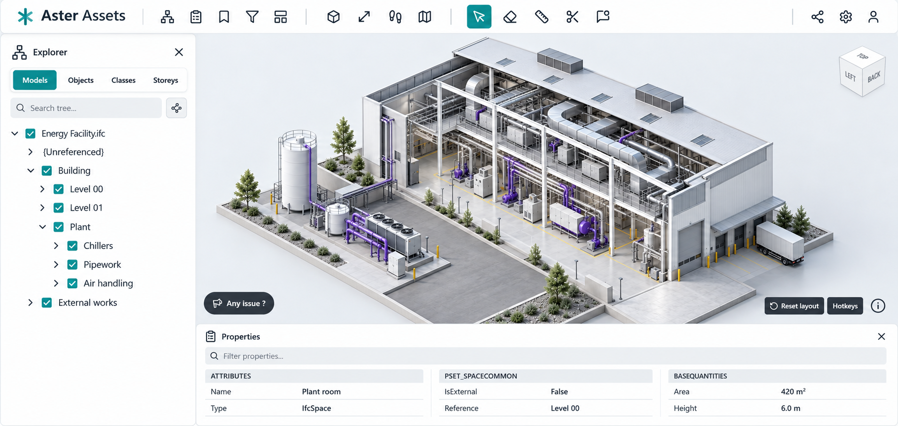 An asset-management workspace with a light interface, a top ribbon, an Explorer panel at the side and a Properties panel below the model.