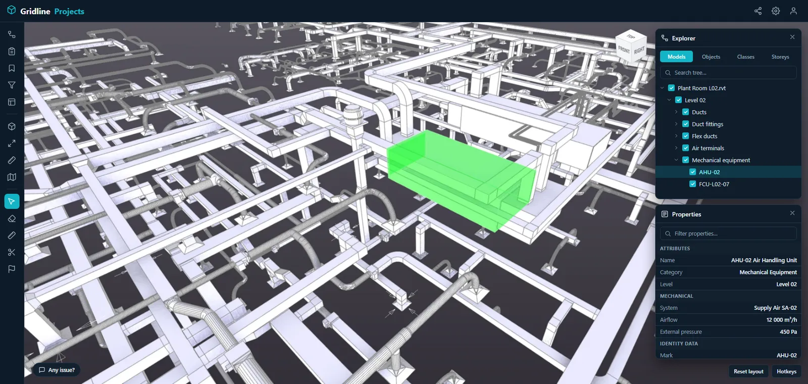 Illustrative Gridline Projects workspace with a dark interface: HVAC ductwork from a Revit model with an air handling unit selected, and Explorer and Properties panels beside the model.